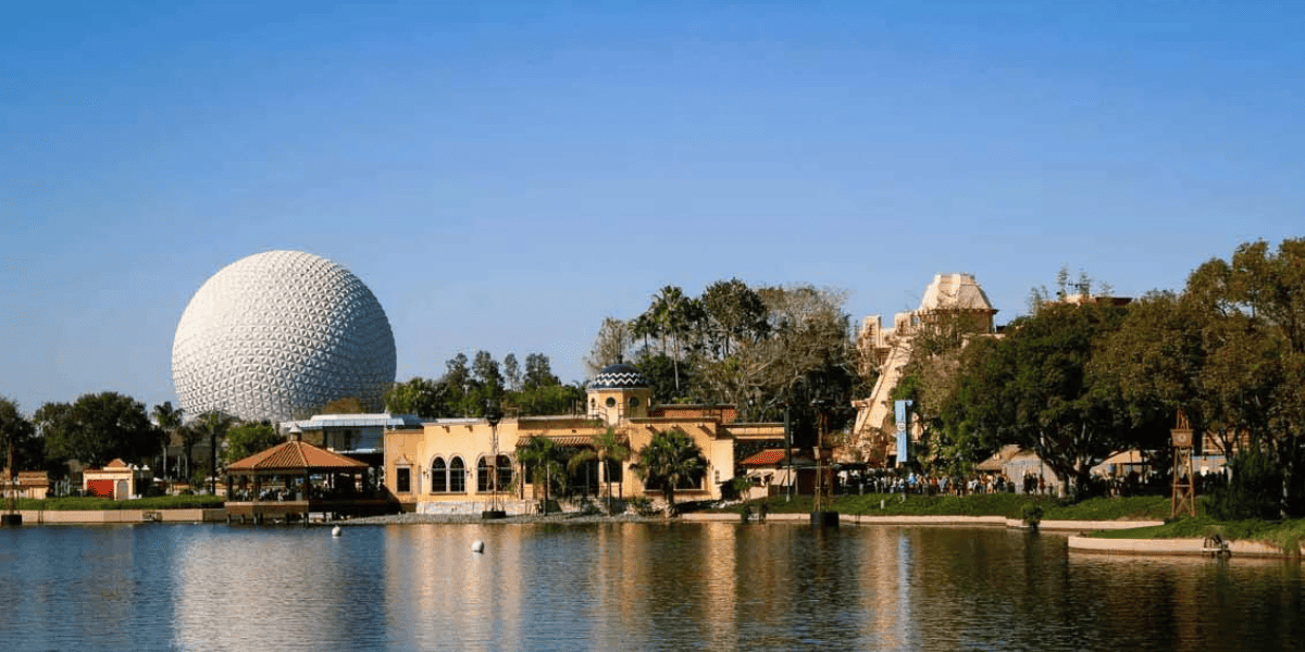 Overview of EPCOT World Showcase with EPCOT ball in backdrop