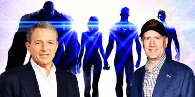 Kevin Feige and Bob Iger with the Fantastic Four behind them.