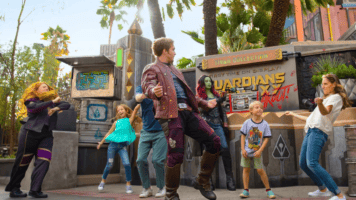 Marvel characters from 'Guardians of the Galaxy', Star-Lord and Gamora, in Avengers Campus at Disney California Adventure