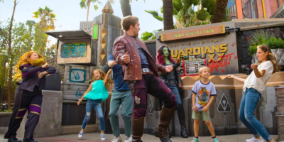 Marvel characters from 'Guardians of the Galaxy', Star-Lord and Gamora, in Avengers Campus at Disney California Adventure