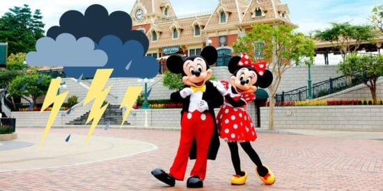 Thunder and lightning clip art superimposed on a picture of Mickey and Minnie Mouse outside Hong Kong Disneyland's train station with thte now retiring Disney's Mickey Mouse
