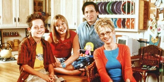 The McGuire family gathered around the cartoon version of Lizzie McGuire