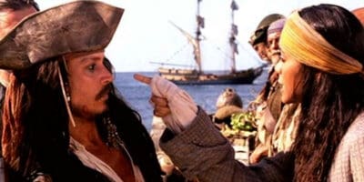 Zoe Saldana with Johnny Depp on a ship in 'Pirates.'