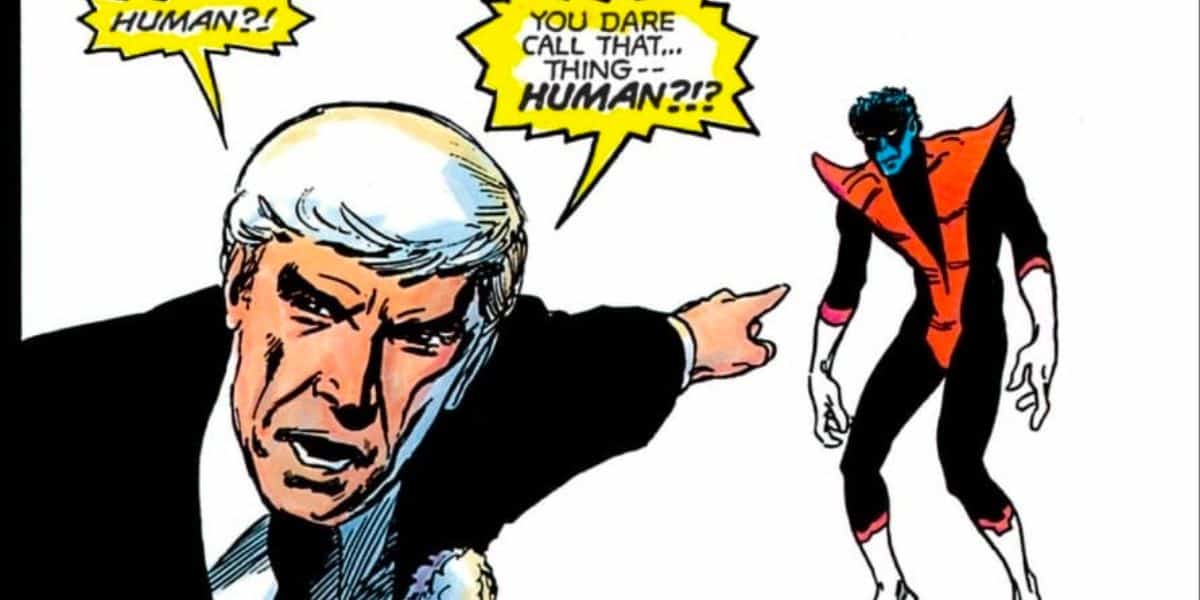 Stryker points at Nightcrawler in X-Men Comics