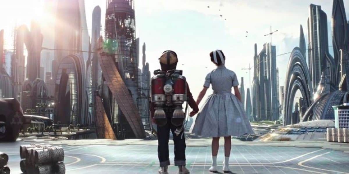 Two characters in front of a futuristic Tomorrowland