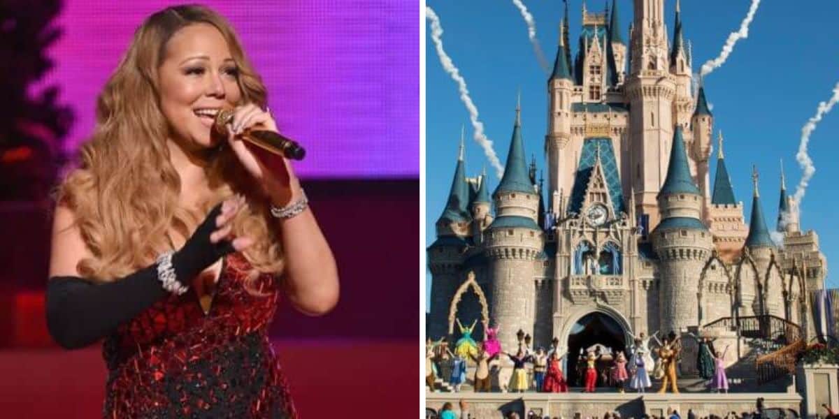 An electrifying performance on stage that channels Mariah Carey’s show-stopping energy, paired with the dazzling sight of Disney’s castle illuminated by fireworks, beloved characters like Mickey and Minnie greeting guests below—a picture-perfect night showcasing the magic and entertainment of Disney World.