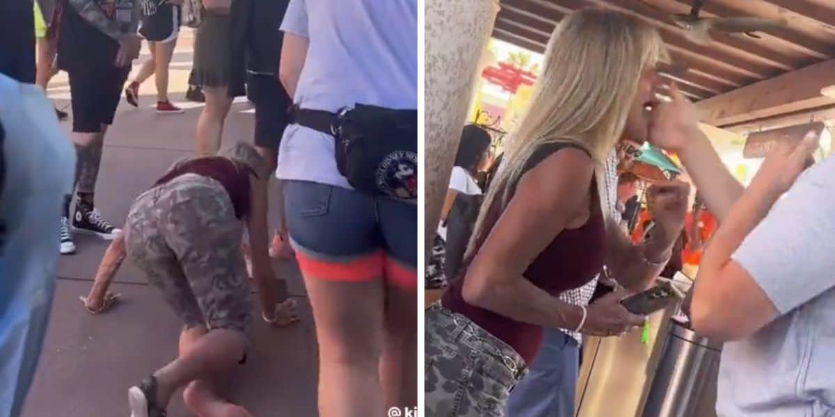 A guest in camo shorts gets down on the ground at Universal Studios, then is later seen chatting with a team member near an outdoor counter—possibly cooling off after a dramatic moment in the park.
