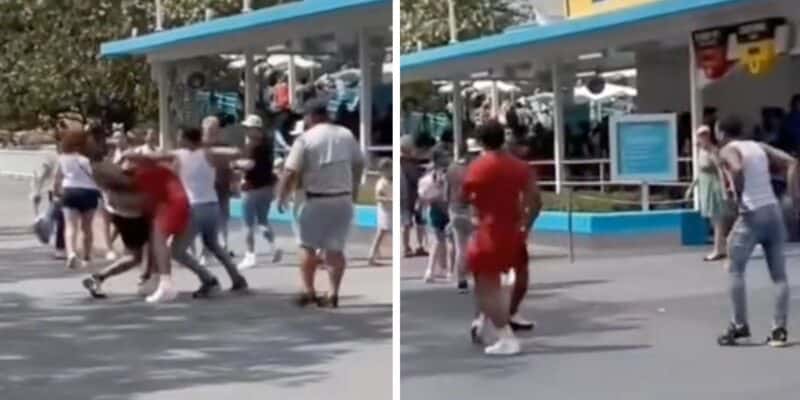 A group of people involved in a brawl outside a store with onlookers around them.
