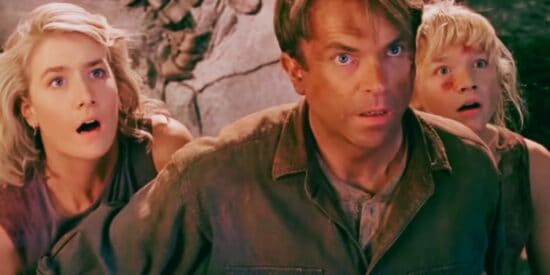 Ellen, Alan, and Lex looking at the T-Rex in Jurassic Park