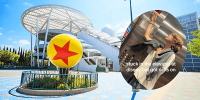 The Pixar Pals parking structure at Disneyland alongside a screenshot from a tiktok of two Guests trapped in the disneyland parking structure.