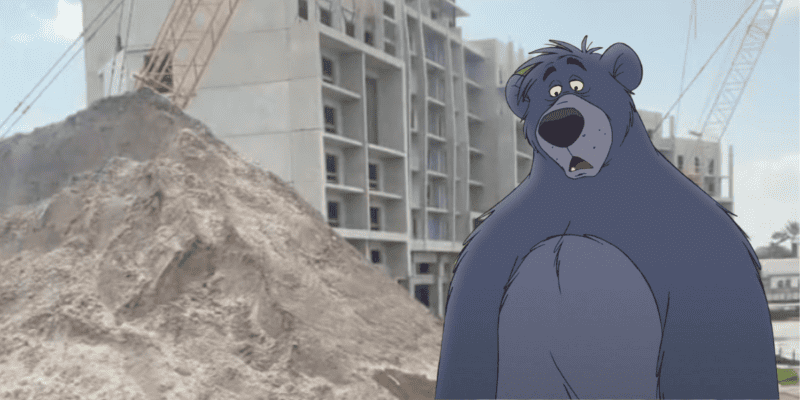 View of an unfinished building, a crane, and a pile of dirt outside a Disney Vacation Club window at Disney's Polynesian Village Resort. Baloo from 'The Jungle Book' is edited in front of the image, looking disappointed.