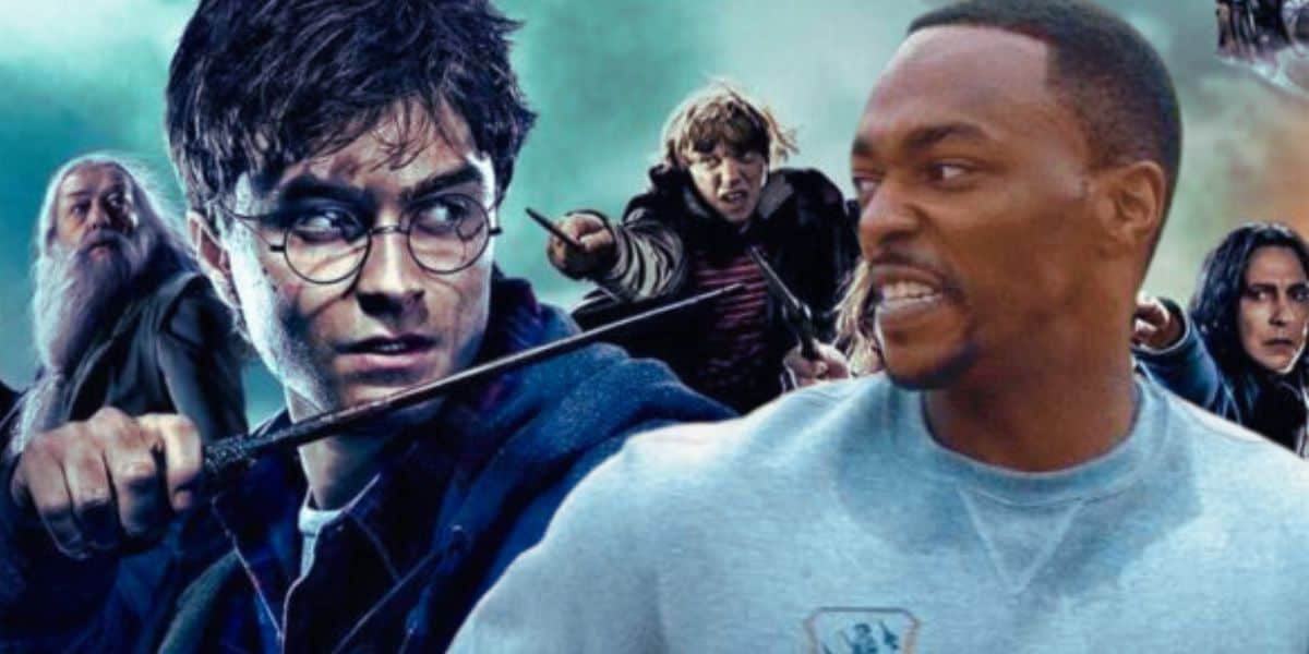 (L) Harry Potter character ensemble (R) Anthony Mackie in Captain America The Winter Soldier