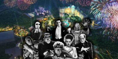 Epic Universe with the classic Universal Monsters on the front with the concept image of the new theme Park for Universal in the background