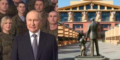 Putin and military left, Disney statue right