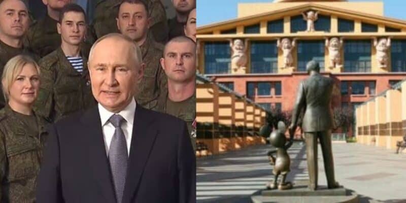 Putin and military left, Disney statue right