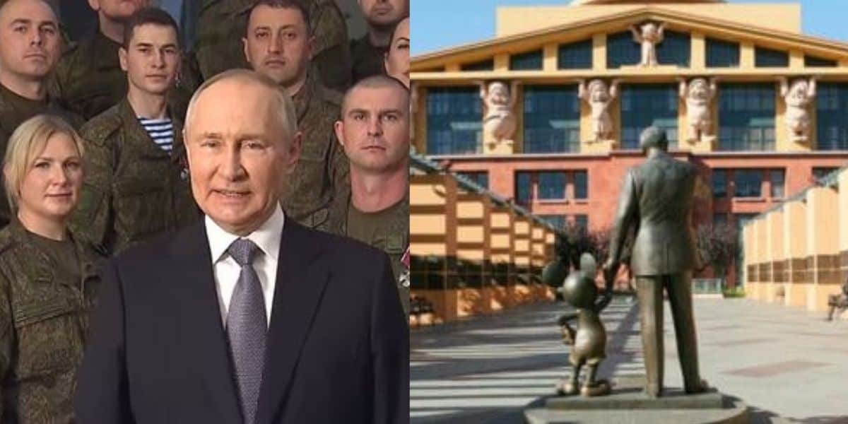 Putin and military left, Disney statue right