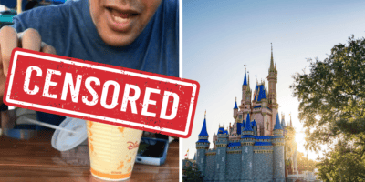 An image of a man with a cup, what he's holding is censored. On the right is Cinderella Castle at Walt Disney World Resort, pictured from the left side.