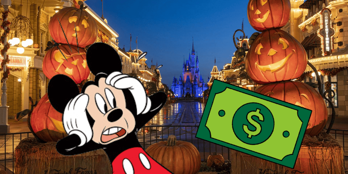 Mickey Mouse shocked at a price tag, in front of Main Street U.S.A. as Decorated for Mickey's Not-So-Scary Halloween Party, a Disney Halloween event.