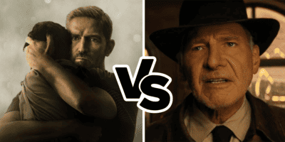A man holds a child in the 'Sound of Freedom' poster, vs Harrison Ford talking in 'Indiana Jones and the Dial of Destiny.'