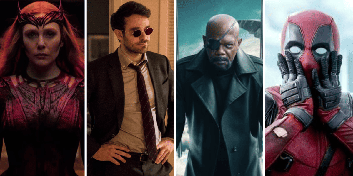Four Marvel characters including Elisabeth Olsen as Scarlett Witch, Charlie Cox as Daredevil, Samuel L Jackson as Nick Fury, and Ryan Reynolds as Deadpool.