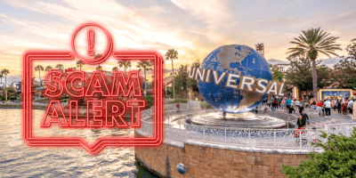 The entry sign for Universal Orlando Resort with a graphic that says Scam alert.