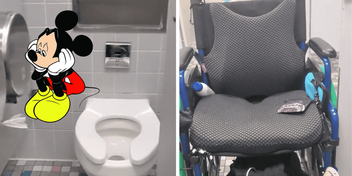 A toilet, a wheelchair unable to fit through the door to the toilet showing poor Walt Disney World accessibility, and Mickey Mouse looking sad.