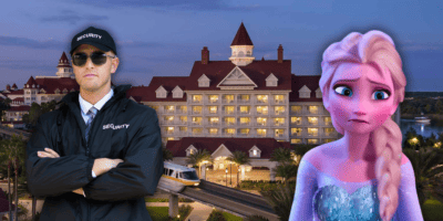 A Disney World parking security guard crosses his arms in front of Disney's Grand Floridian Resort, Elsa looks sad.