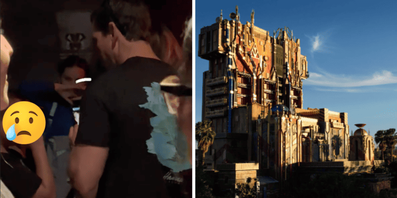 A father records his son who is crying in line for a Disneyland ride, the exterior of Guardians of the Galaxy: Mission Breakout! on a clear-sky day.