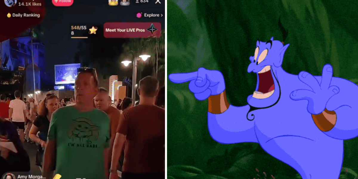 The Genie from 'Aladdin' pointing and laughing at a screenshot of a man standing in the middle of a Disney live stream.