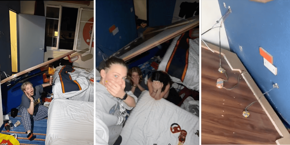 Left: A girl poses under a collapsed wall console at her Disneyland Paris hotel. Middle: Three girls pose under the same broken console. Right: The Disneyland hotel console out of the wall with wires dangling from it.