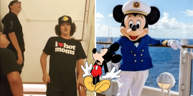 Left: Three male Guests climb down the stairs. Middle: Mickey looks scared. Right: A costumed version of Mickey poses on the railing of a Disney Cruise ship.
