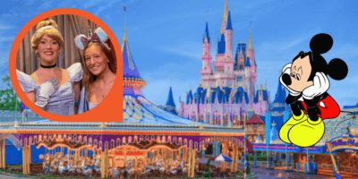 A Guest poses with Disney Princess Cinderella, edited in front of Fantasyland at Disney World and a drawing of Mickey Mouse looking sad.