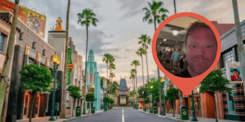 The entrance to Disney's Hollywood Studios, featuring the Chinese Theater, with a photo of a man stuck on a Walt Disney World ride.