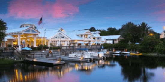 Disney's Old Key West Resort, a Disney resort hotel, at sunset.
