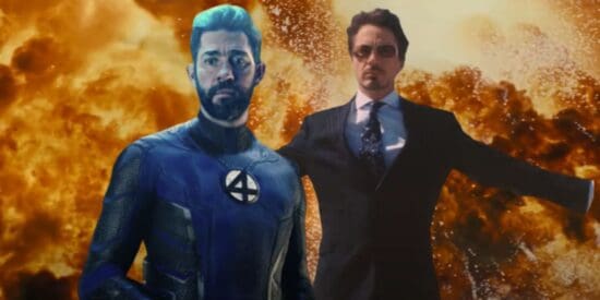 (Background) Oppenheimer trailer (Foreground) Reed Richards and Tony Stark from MCU
