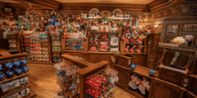 A Disney shop filled with Christmas-themed merchandise.