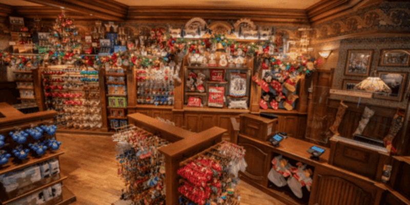 A Disney shop filled with Christmas-themed merchandise.