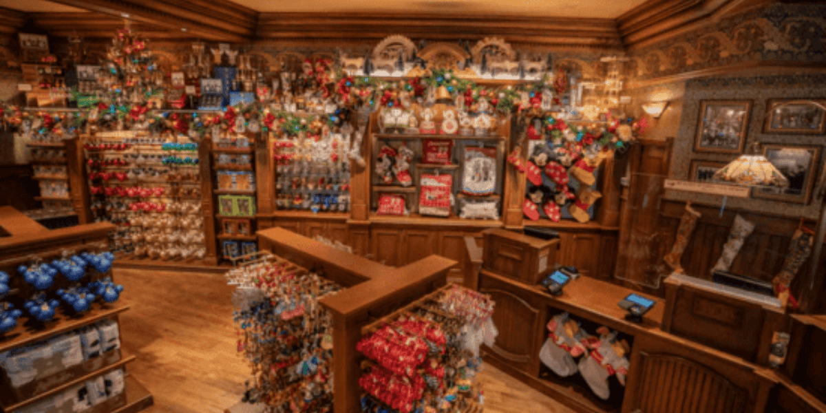 A Disney shop filled with Christmas-themed merchandise.