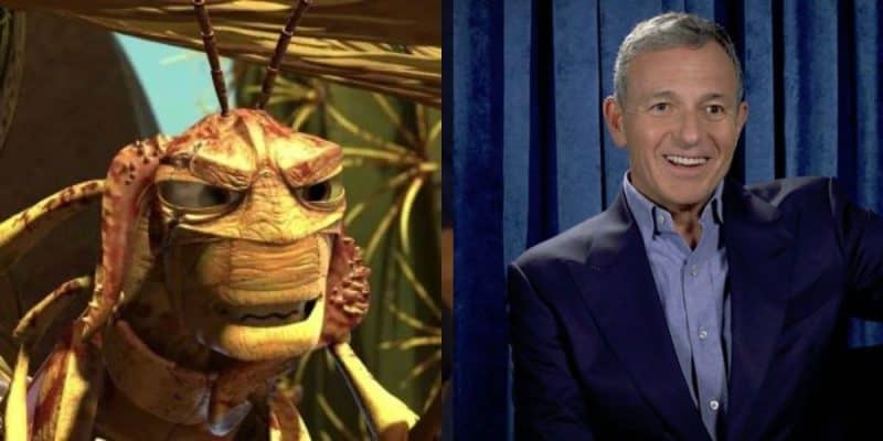 A split image features a grasshopper from 'A Bug's Life' (left) and Disney CEO Bob Iger (right)