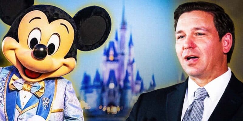 Mickey Mouse and Ron DeSantis in front of Cinderella Castle, representing the Disney DeSantis legal battle.