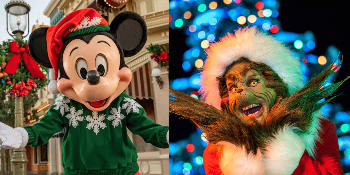 Christmas Mickey next to the Grinch