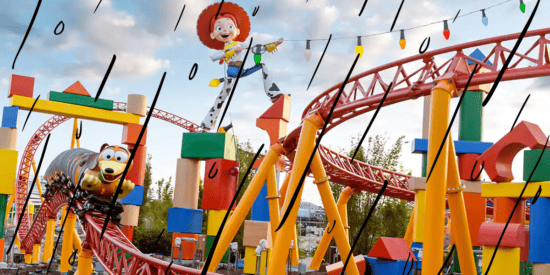 Toy Story Land in Disney's Hollywood Studios, edited to look like it's raining and represent inclement Walt Disney World weather.