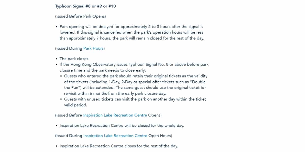 Hong Kong Disneyland's Weather Tips page, detailing protocol during Typhoon Signal #8 to #10