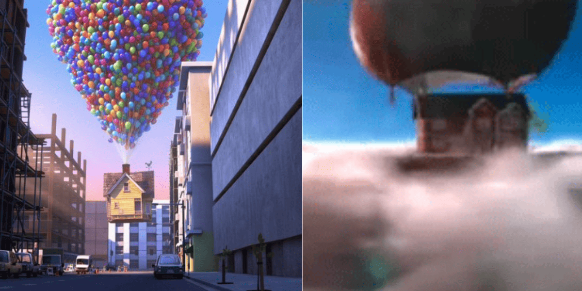 Houses being air-lifted by balloons