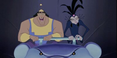 Kronk and Yzma riding rollercoaster into evil lair, from Emperor's New Groove