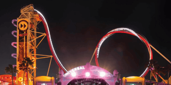 The loop of Hollywood Rip Ride Rockit at Universal Studios Florida at nighttime
