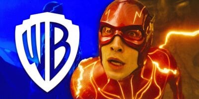 Shocked Ezra Miller in role of Flash on the right and Warner Bros. Logo on the left