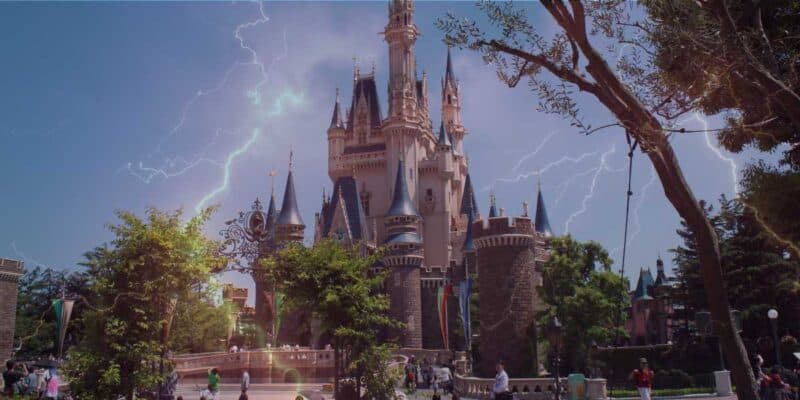 Cinderella Castle at Tokyo Disney Resort with lightning effect over the top