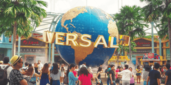 Universal Studios Hollywood globe with Guests around it