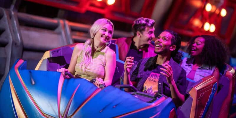 Guests ride Cosmic Rewind at EPCOT at Disney World.